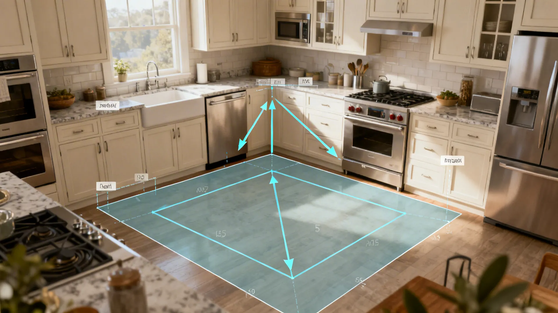 Top-down layout overlay showing a single wall shift and appliance relocation to improve kitchen workflow.