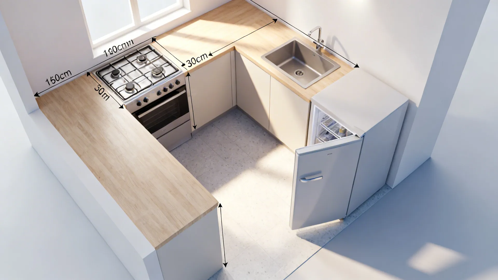 Interior design drawing of a small kitchen with stove sink open refrigerator and measurement arrows