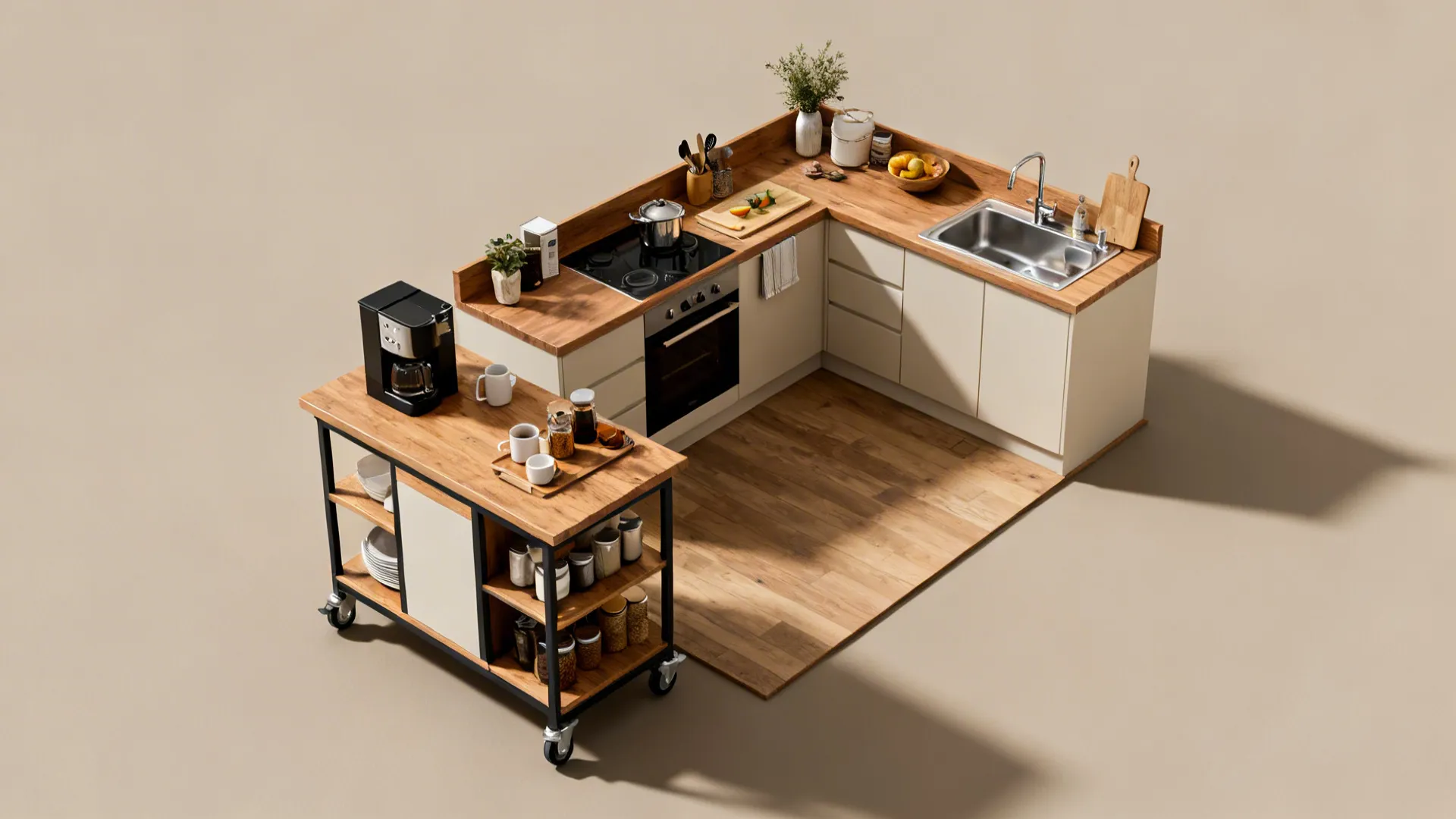 Top-down view of a small kitchen showing a movable island and improved zoning near the sink.