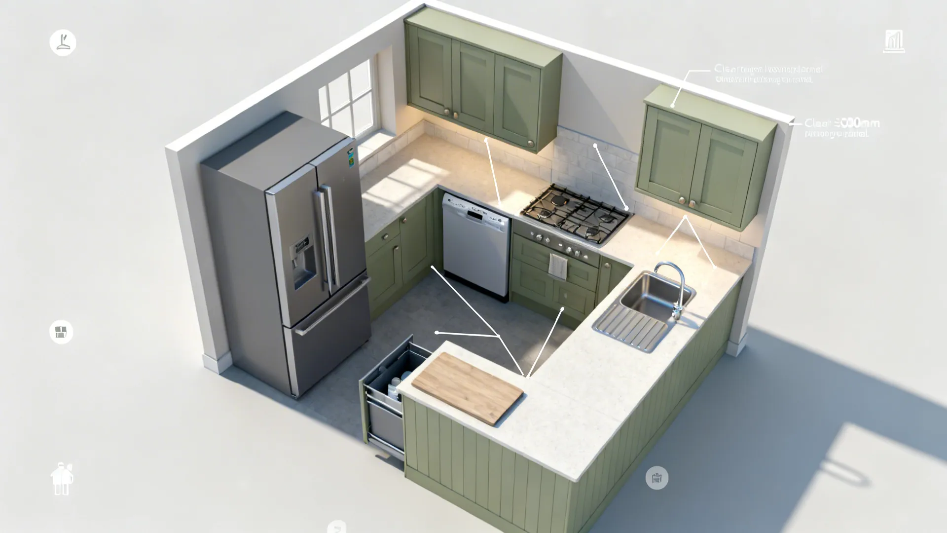 Top-down view of a small L-shaped kitchen with fridge moved and a slimline dishwasher by the sink.