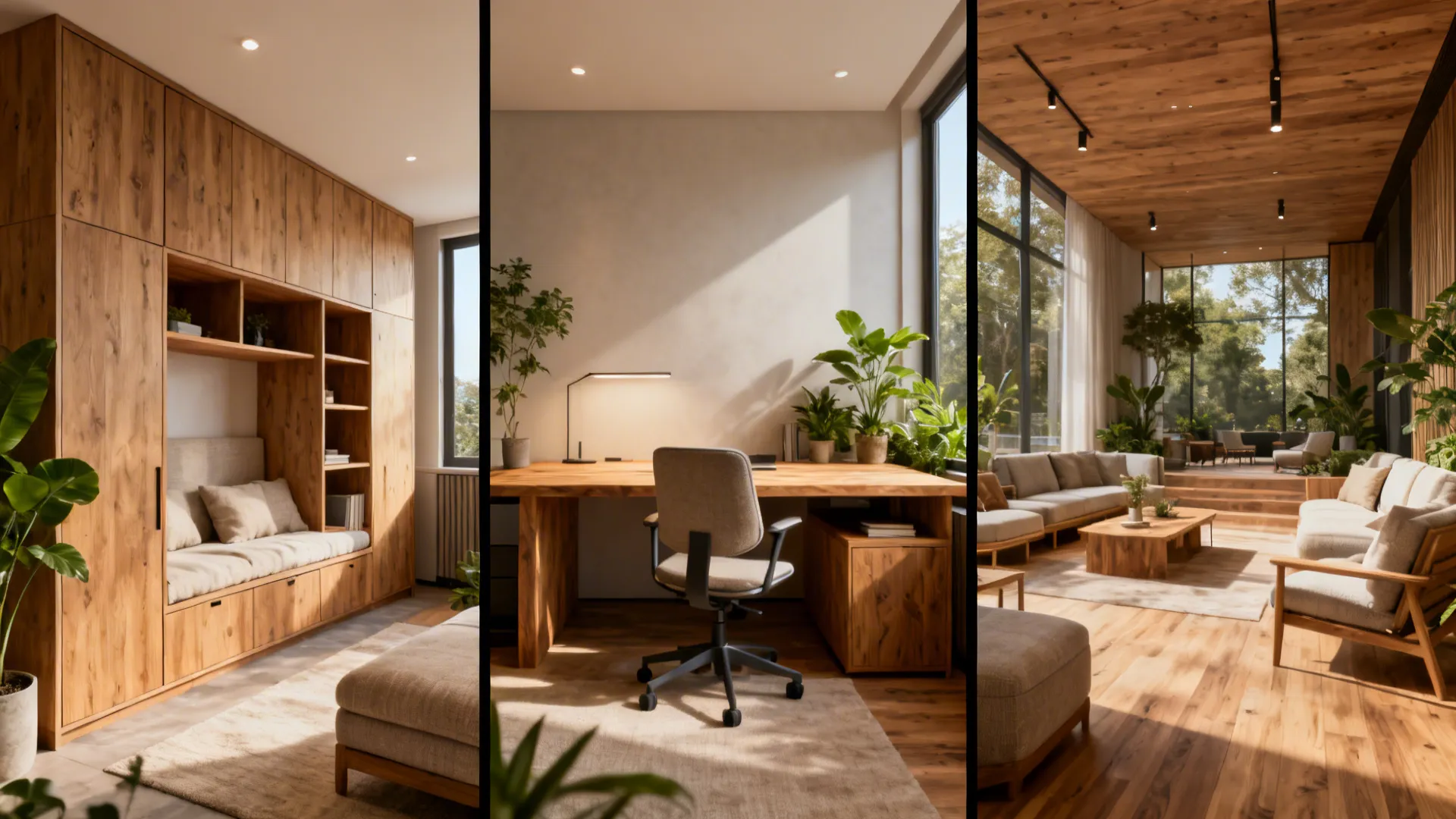 Three layout options for a compact studio emphasizing storage, workspace, and social space