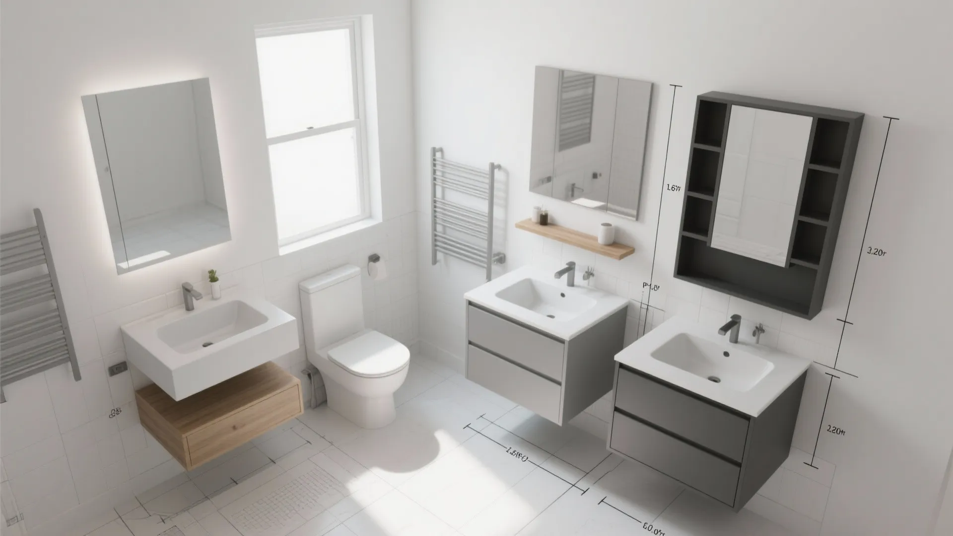 Top-down mockup of three small-bathroom layouts showing different gray vanity options and measurements.