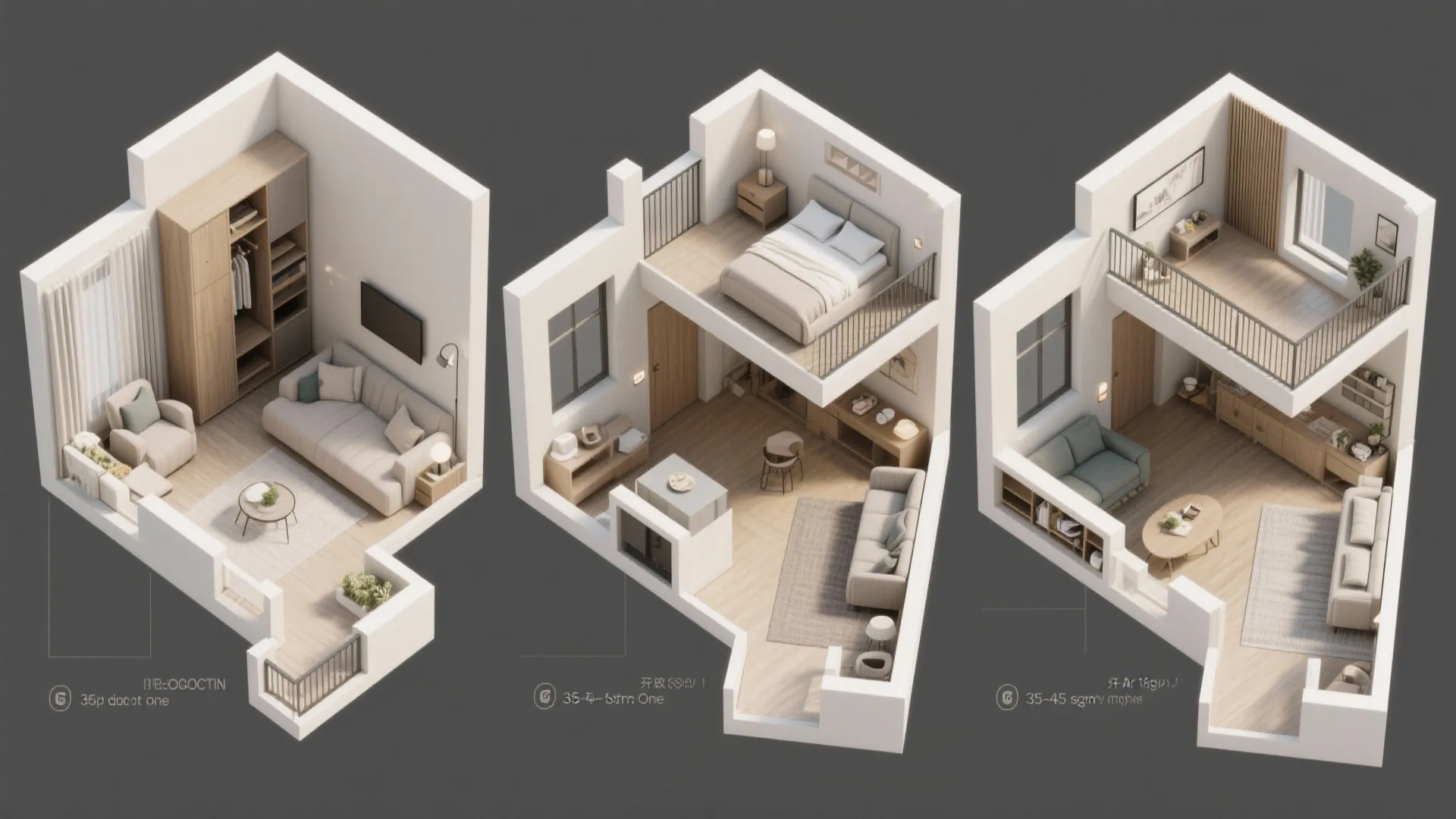 Three different 3D interior design drawings showing various small apartment floor plans with lofted sleeping areas