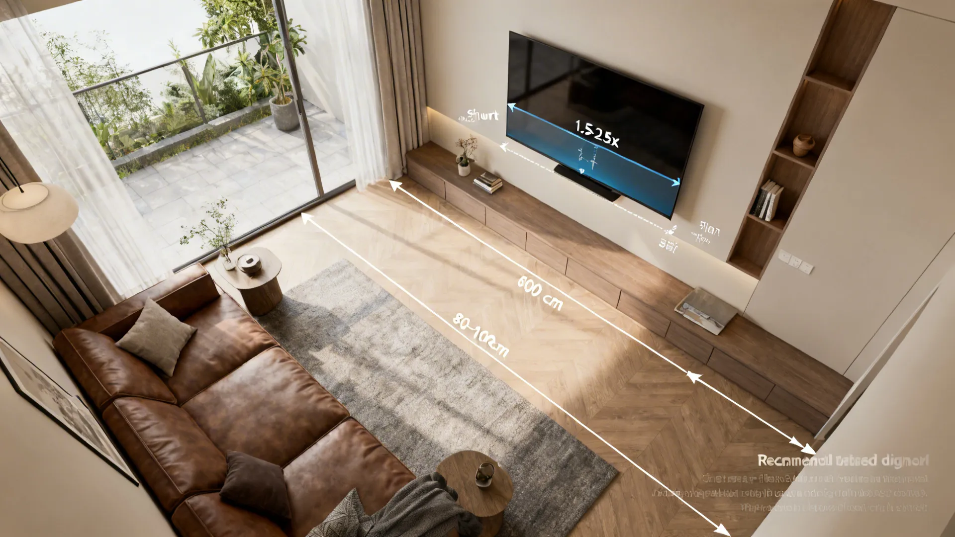 Top-down diagram of TV placement options and recommended viewing distances in a long narrow living room