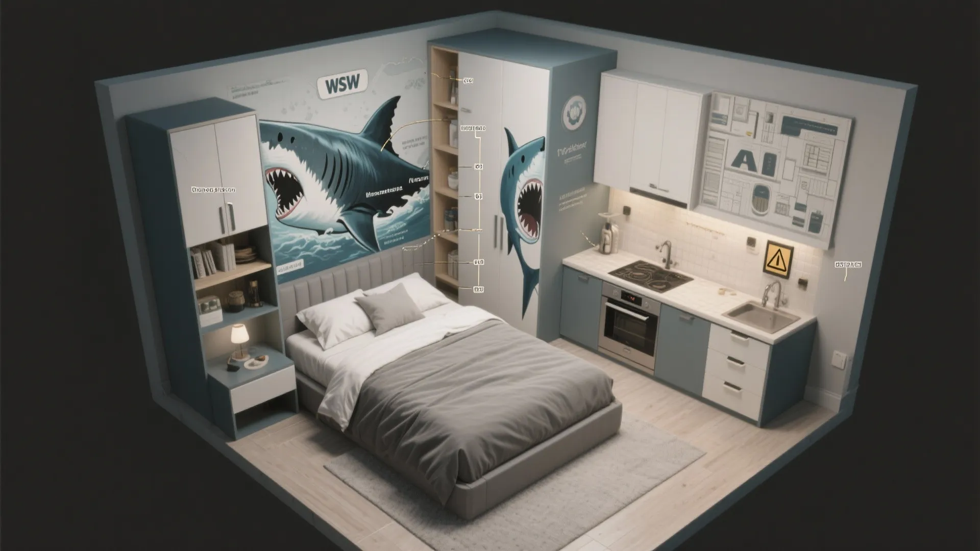 Interior design drawing of studio apartment with bed kitchen cabinet and shark mural wall art