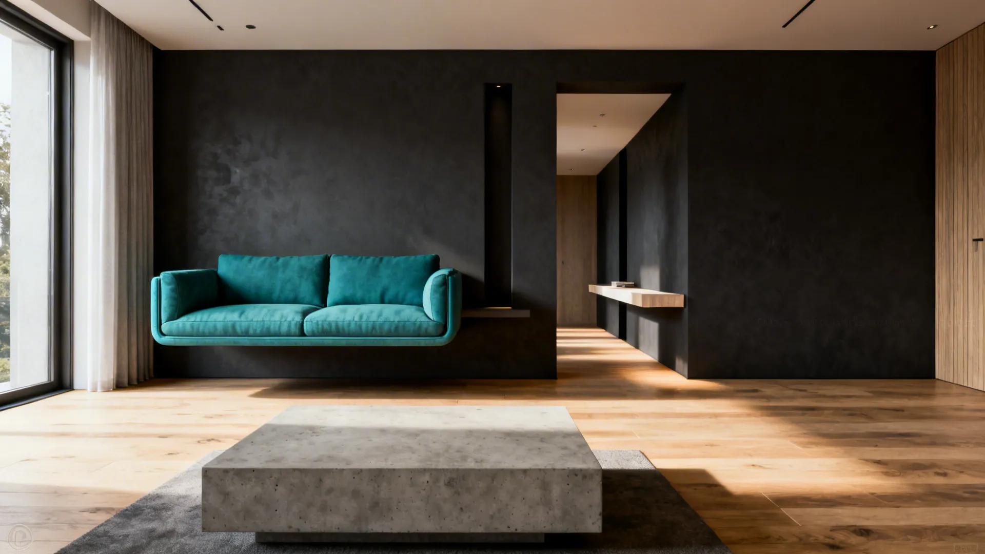 Small living room plan showing a floated teal loveseat and console behind to create depth and walkway