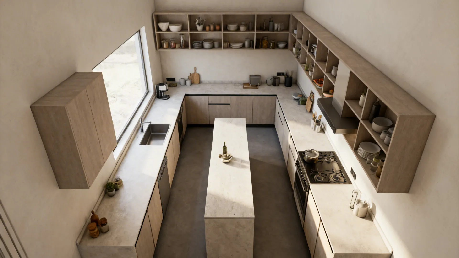 Top-down hybrid view of a narrow galley kitchen with continuous counter, slim island, and circulation paths.