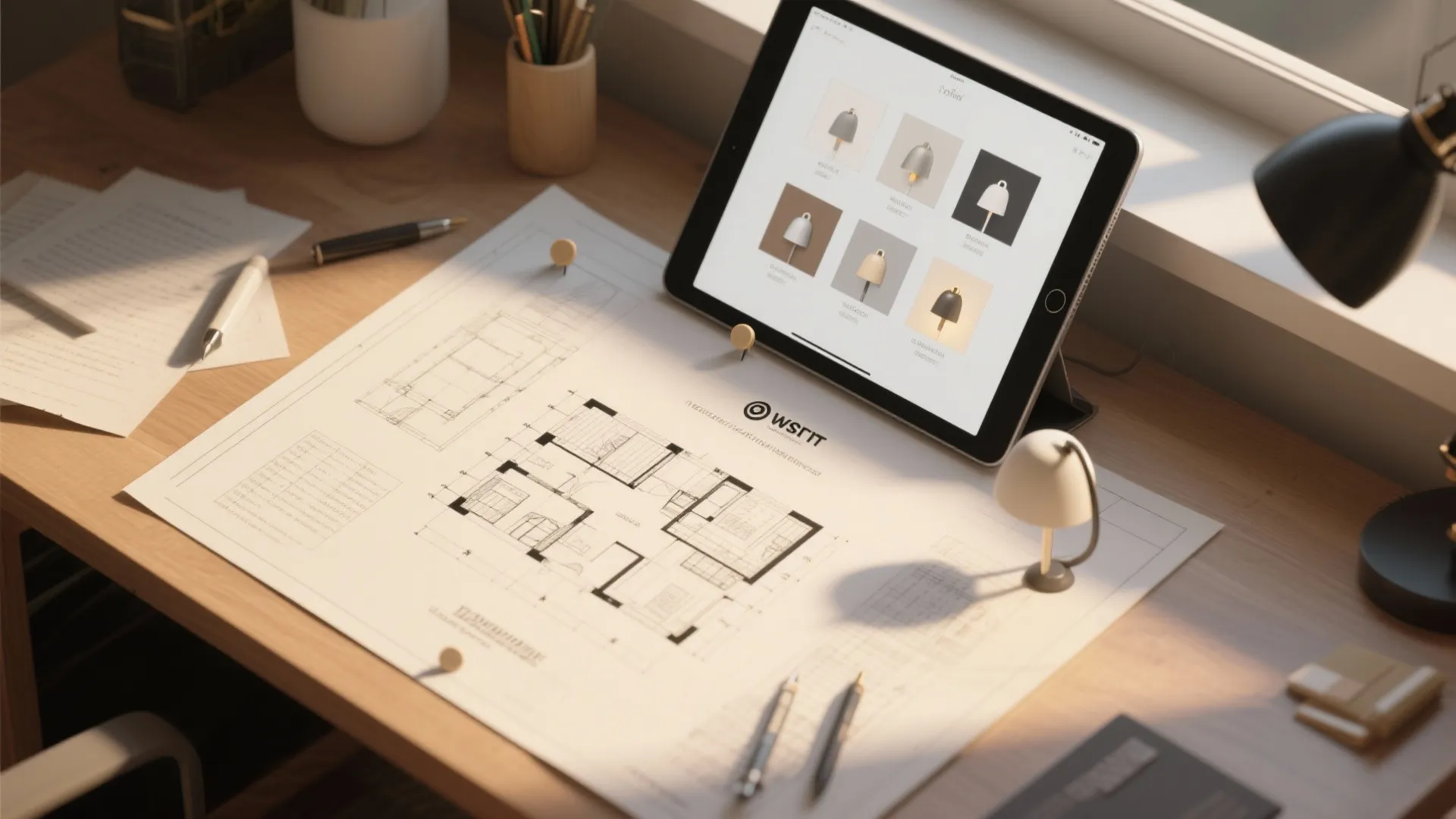 Interior design drawing on a wooden desk with a tablet showing various ceiling light options