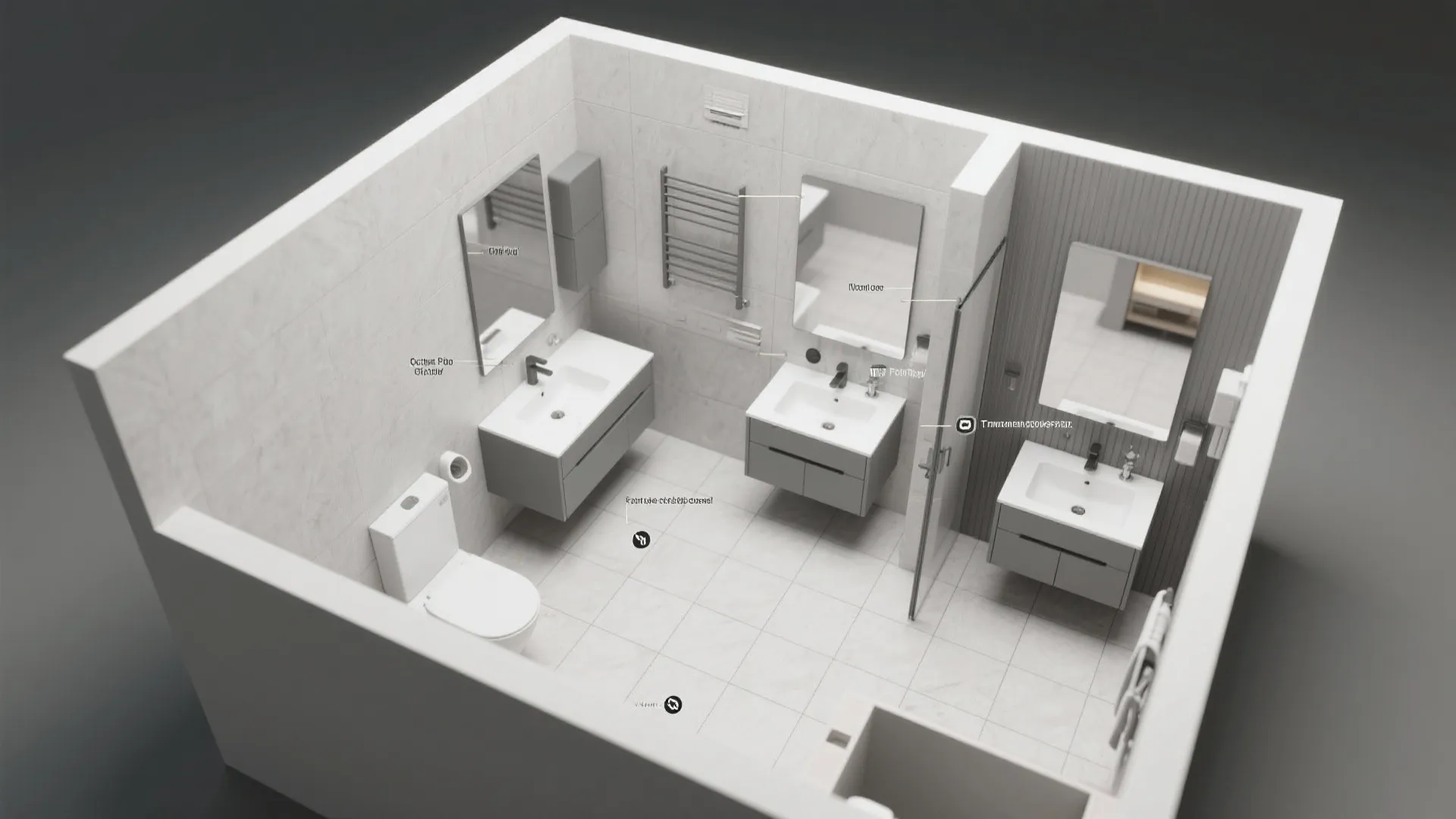 Interior design drawing showing a bathroom room layout with three sinks, mirrors, and white toilet