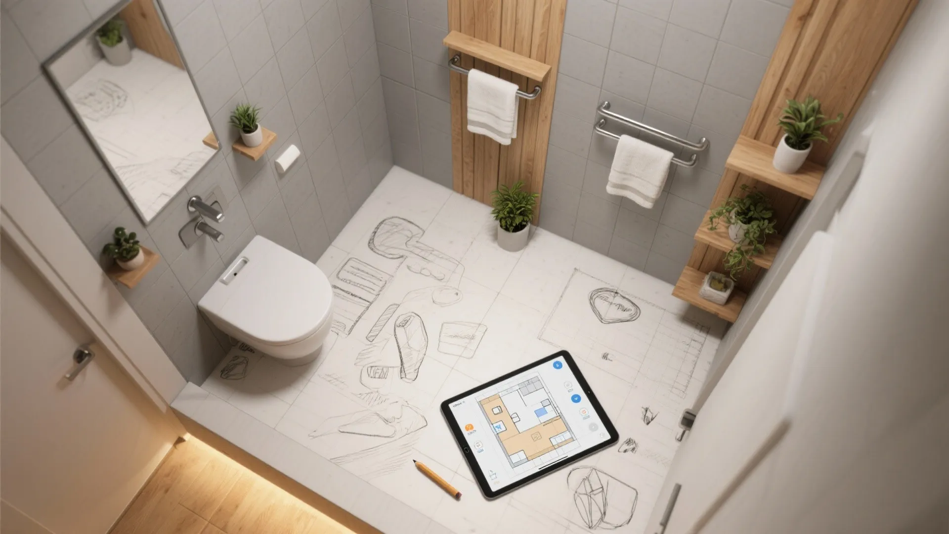 Top-down mockup of a bathroom layout with notes and a room planner on tablet.