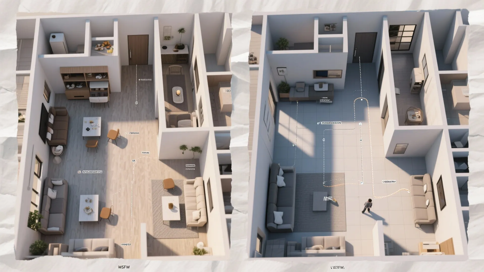 Comparison of two 3D interior design drawings showing different floor materials for the same apartment