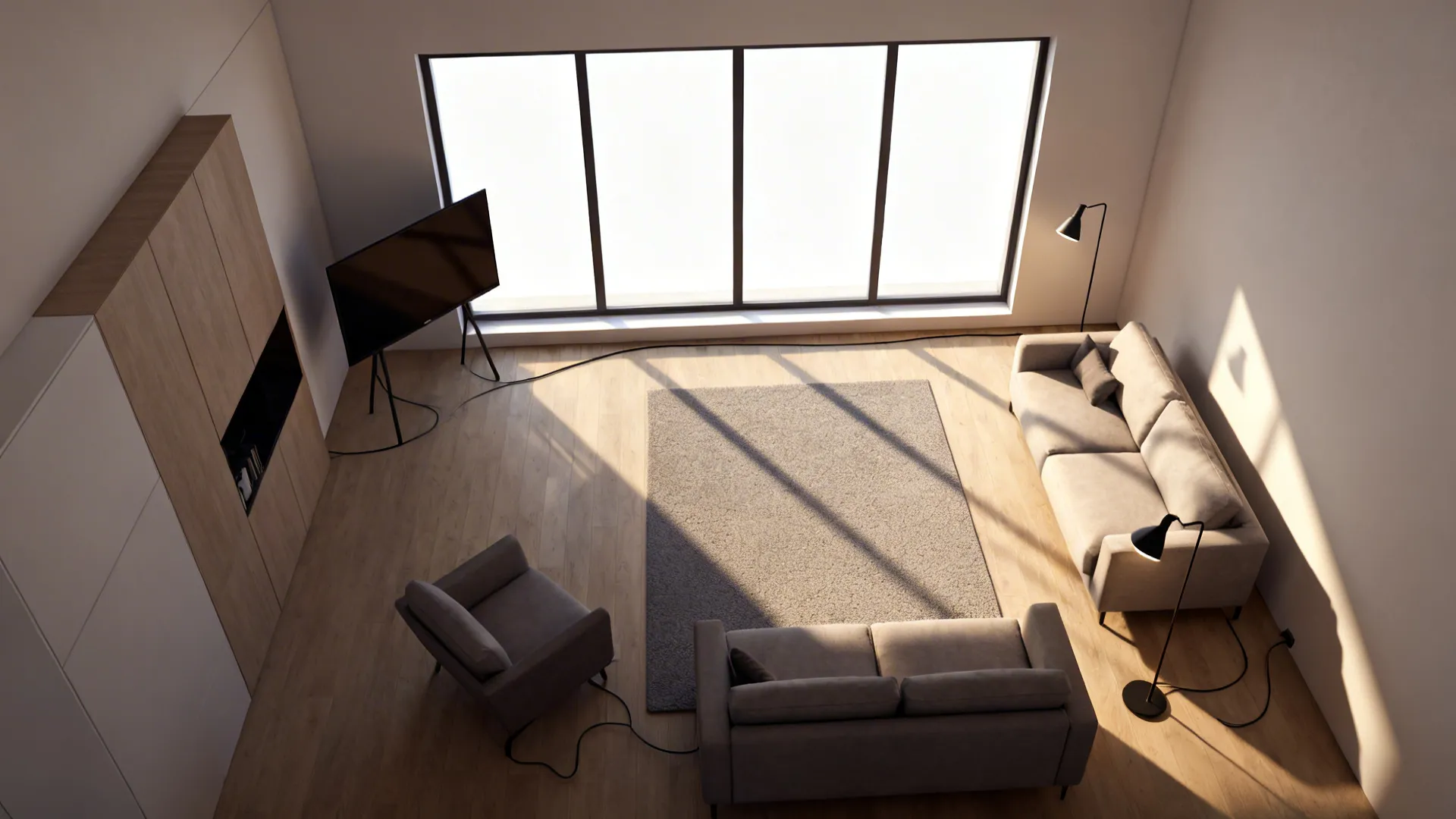Top-down view of living room layout showing window, TV placement, and lighting