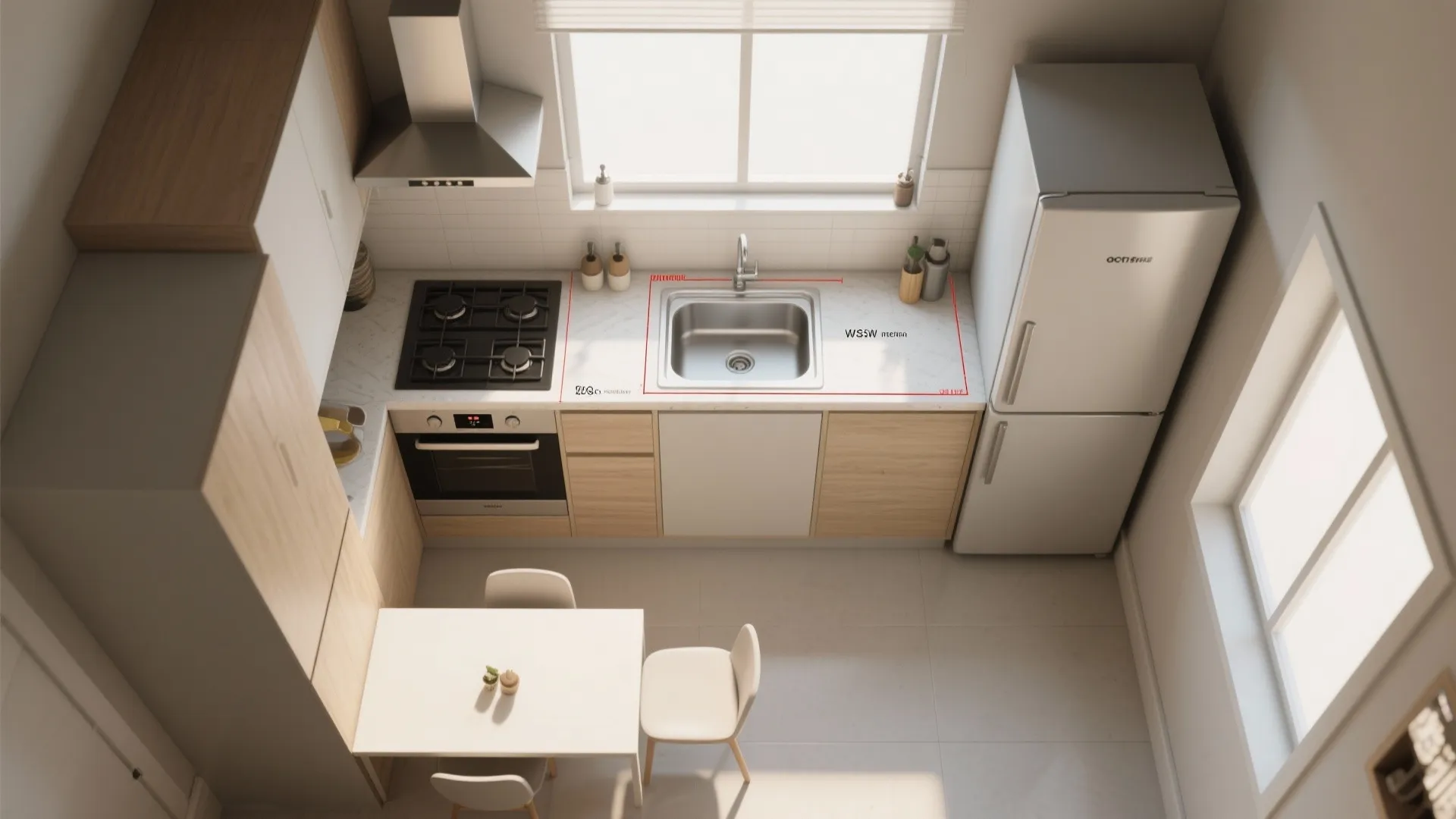Small kitchen room layout drawing with stove sink white fridge and a small dining table