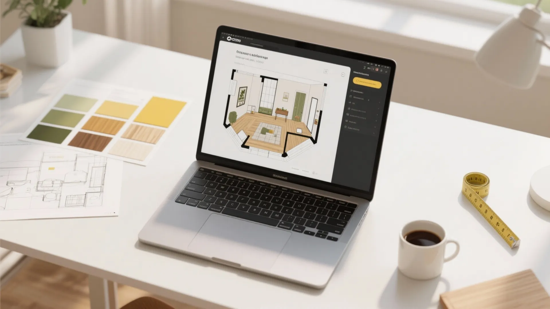 Laptop on desk showing Coohom interior design software with floor plan color swatches and coffee