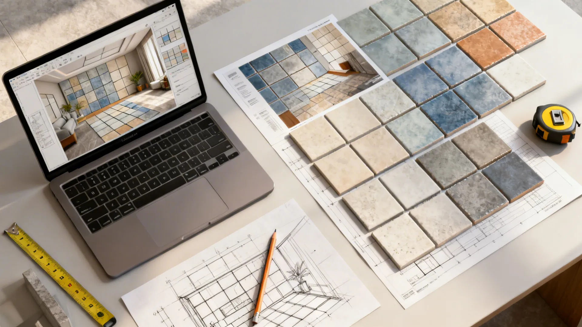 Top-down designer workspace with room planner on laptop and tile samples for planning.