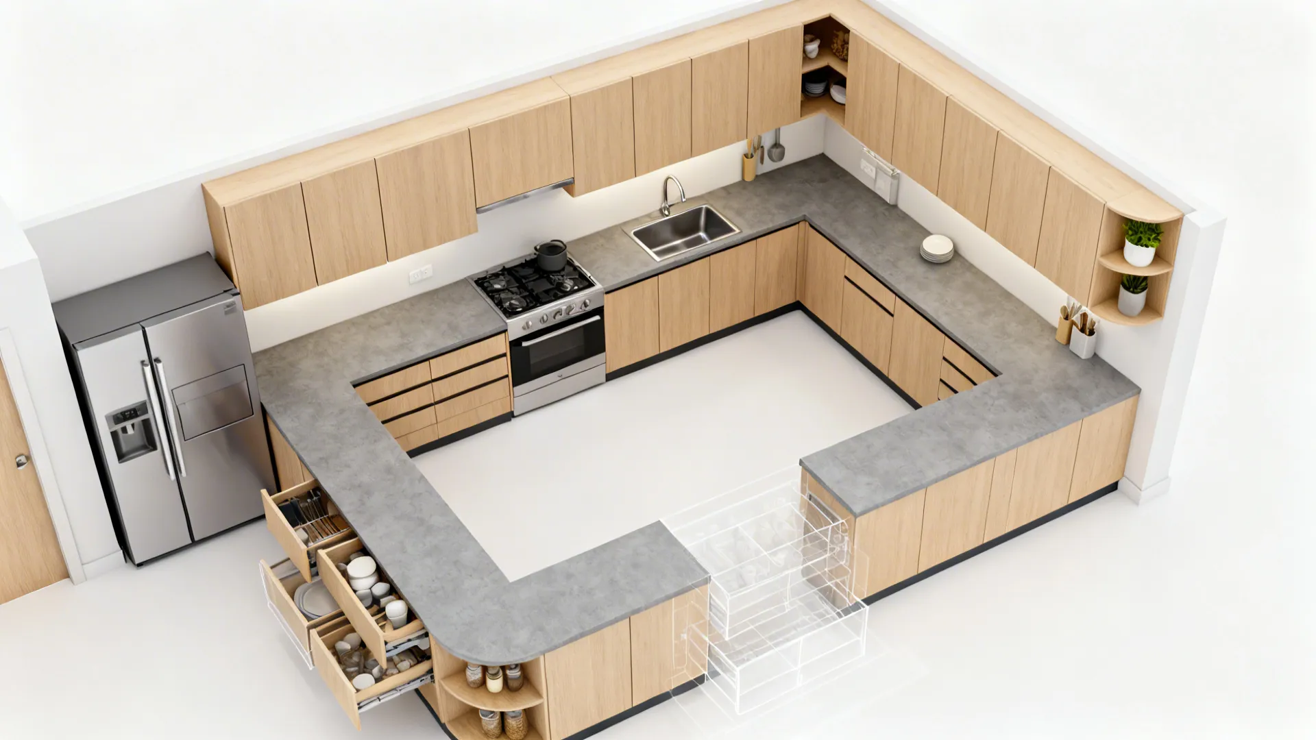 Interior design drawing of a u-shaped kitchen with wooden cabinets grey countertops and silver fridge
