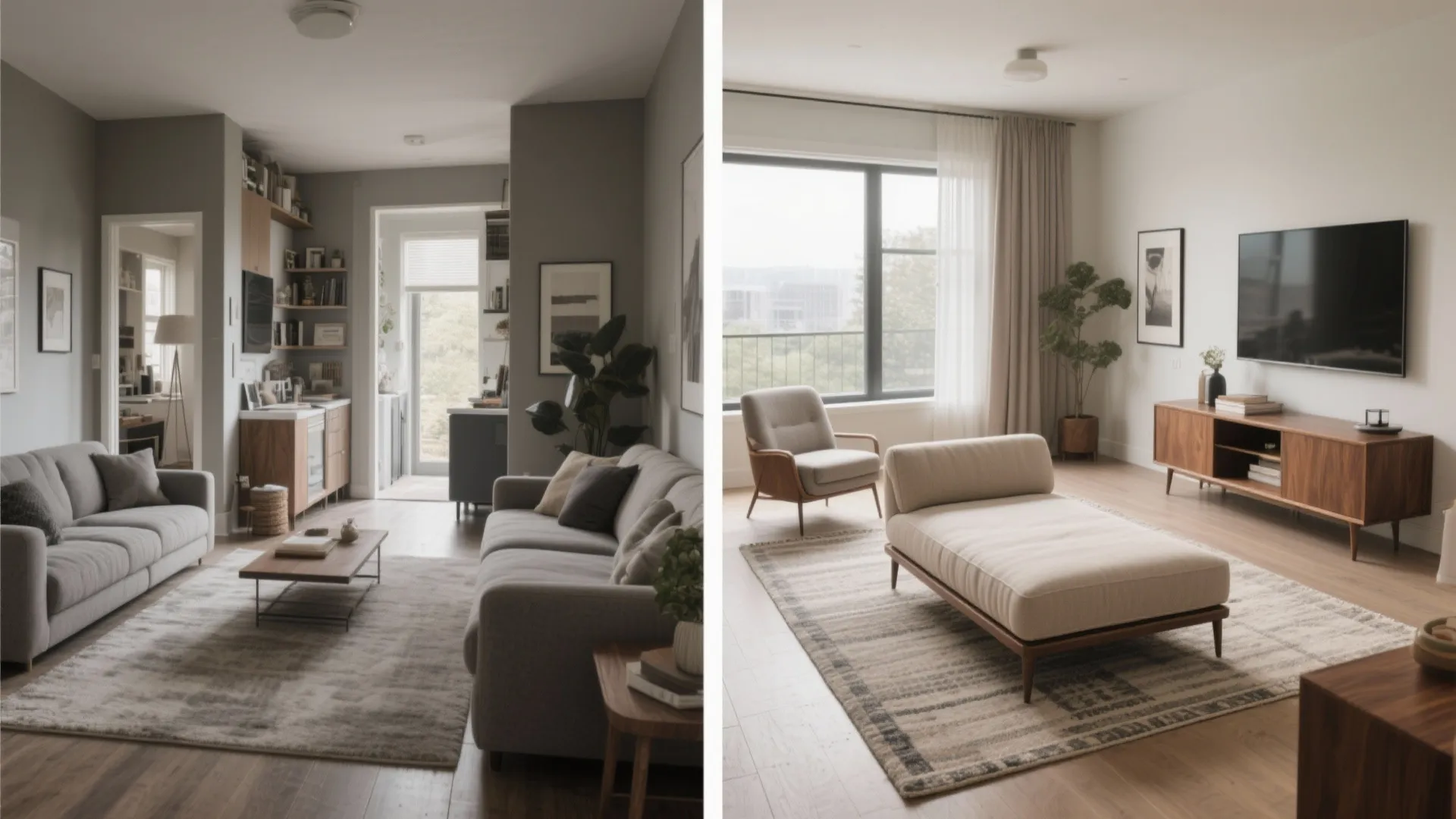 Before-and-after of small living room showing improved flow with a floated chaise and clear walkways.