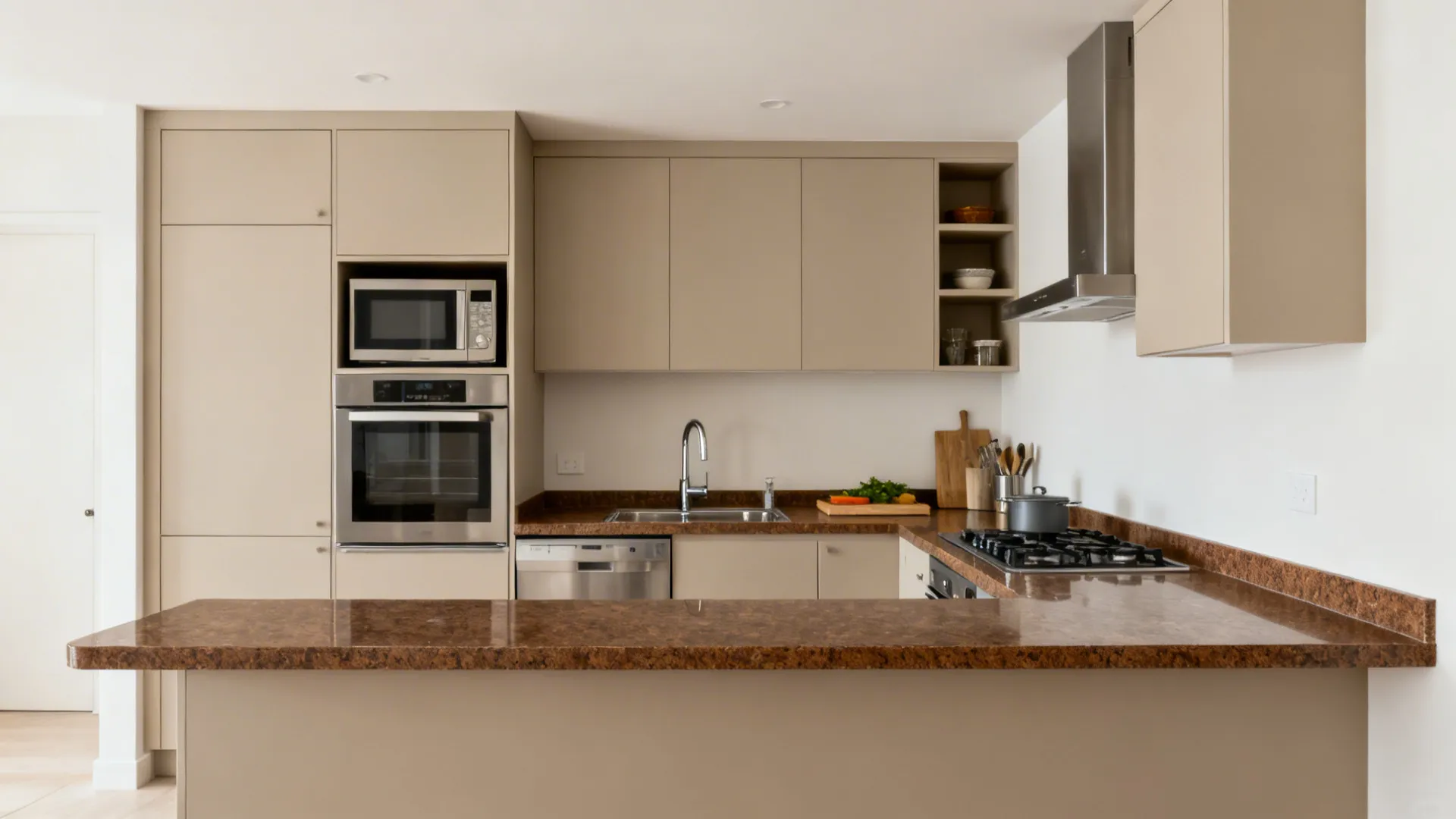 Small kitchen with continuous Baltic Brown counter and organized sink, prep, and cook zones.