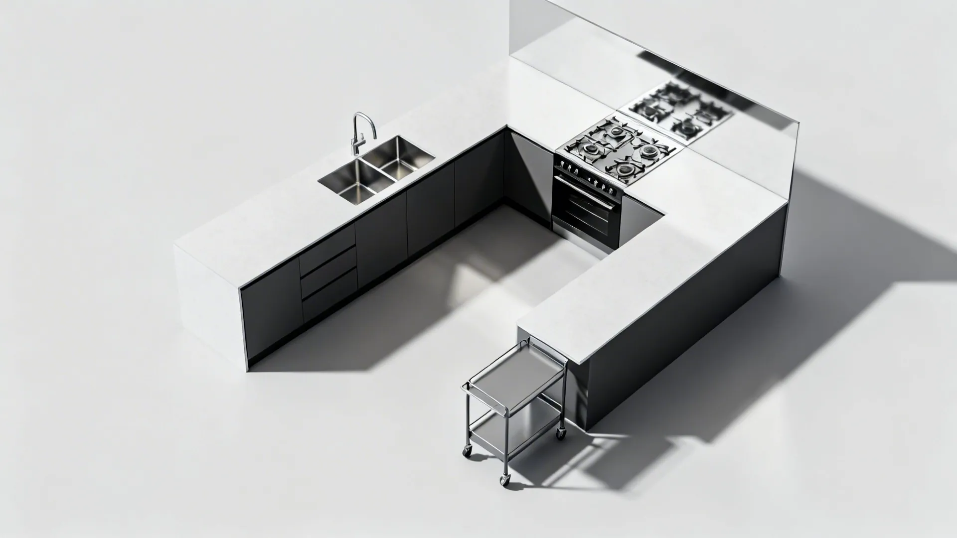 Interior design drawing of a U-shaped kitchen with white countertops, grey cabinets, and metal cart