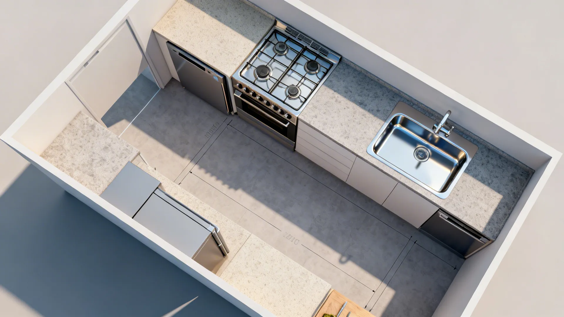 Top-down view of a small kitchen layout showing cook, prep, wash and storage zones with clear aisle measurements.