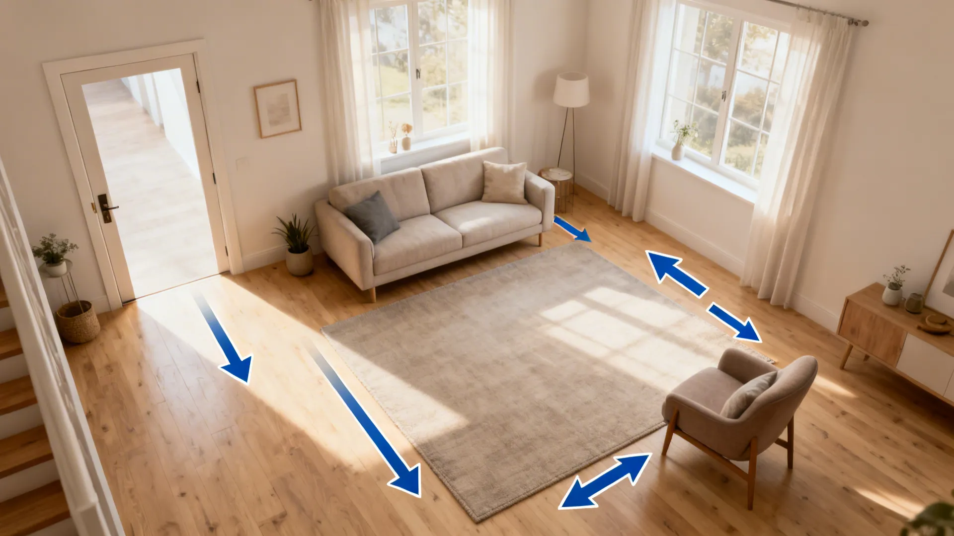 Top-down layout showing furniture movement to create a clear hallway from door to window.