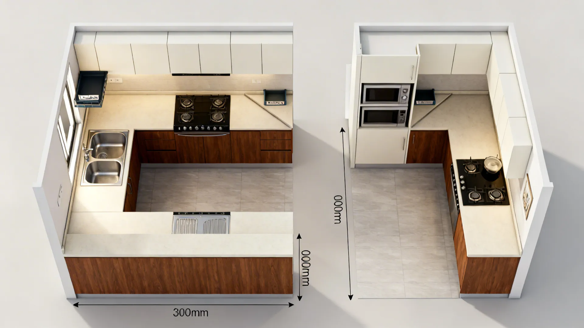 Top-down view of L-shaped and galley Indian kitchen layouts with clear sink-prep-cook zones.