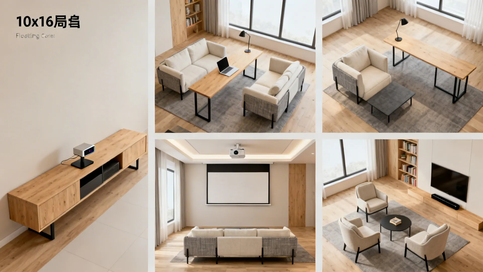 Top-down montage of four 10x16 living room layouts without a wall TV unit.
