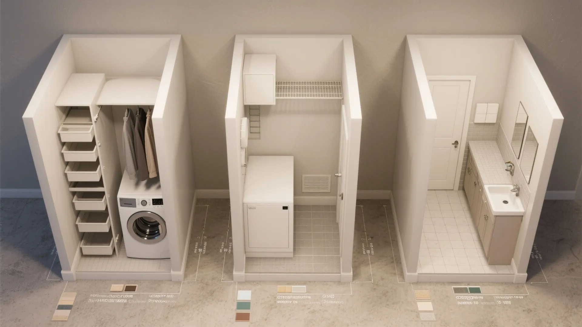 Top-down illustrations of three compact laundry layouts with clearance labels and material swatches.