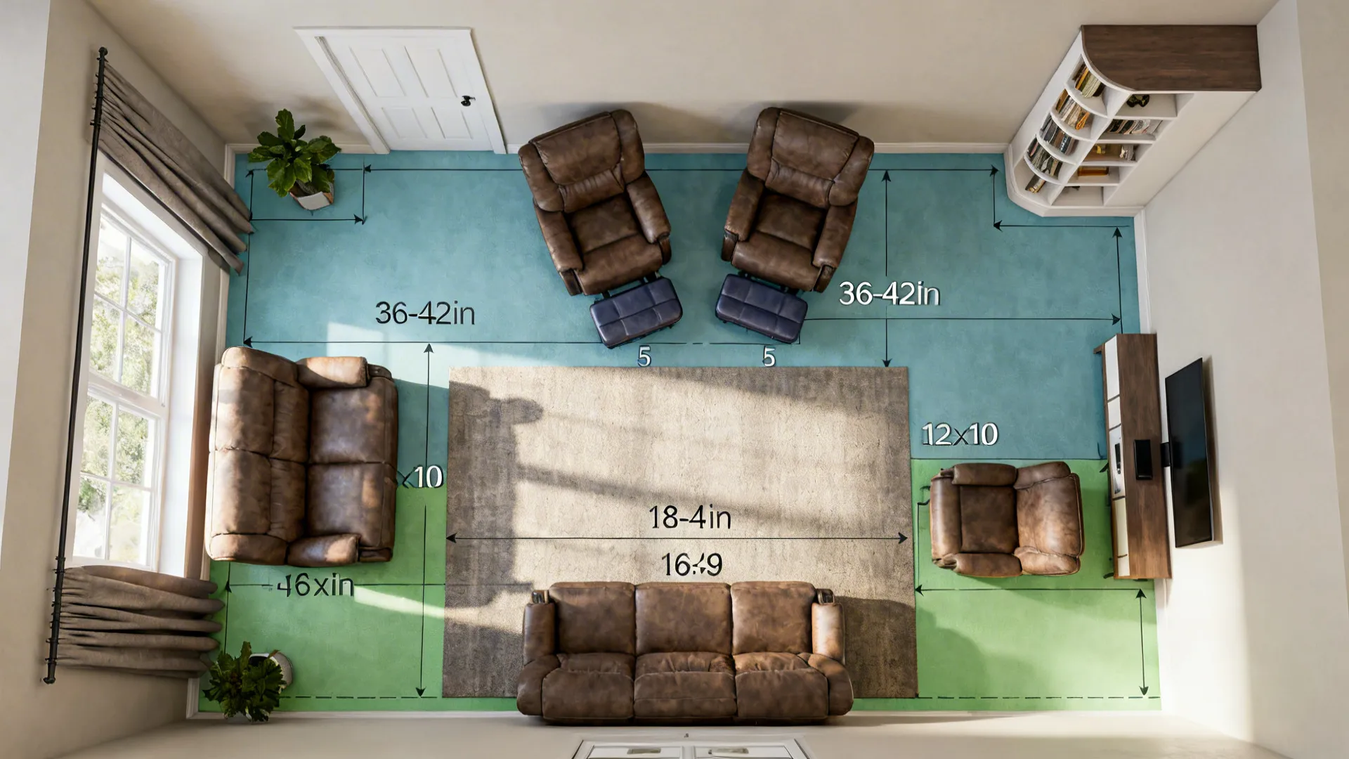 Top-down diagram of five layout options for two recliners in a small living room with measured clearances