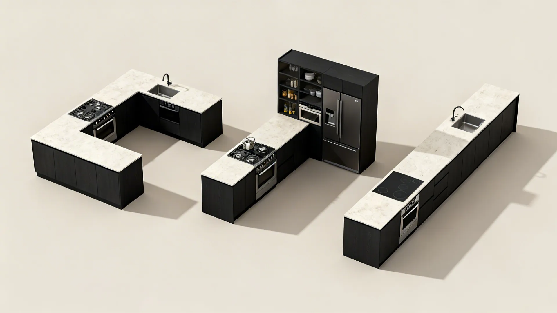 Compact Black Layouts: L-Shape, Galley, and One-Wall