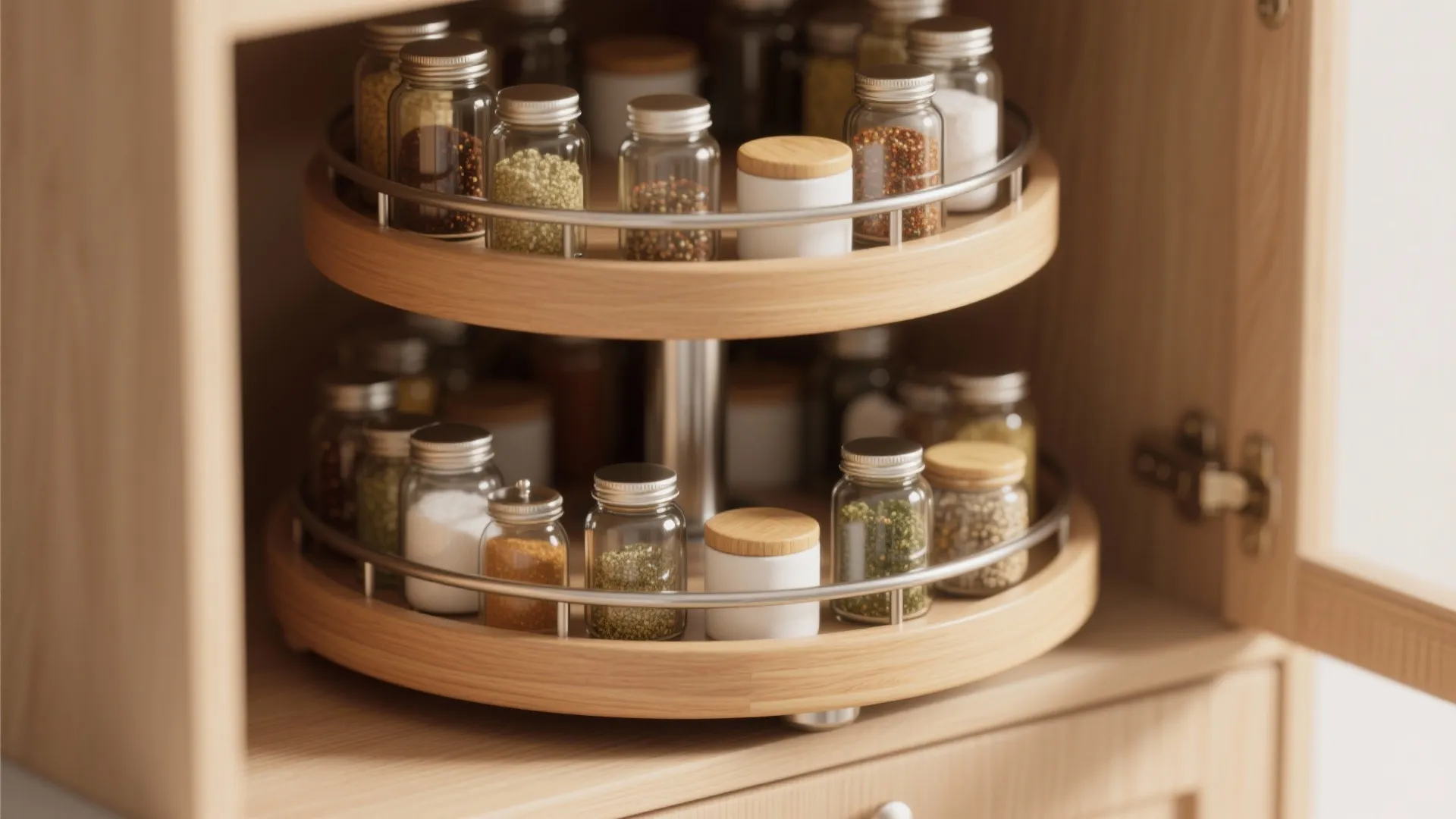 Two tier rotating wooden spice rack inside a wooden kitchen cabinet holding many small glass