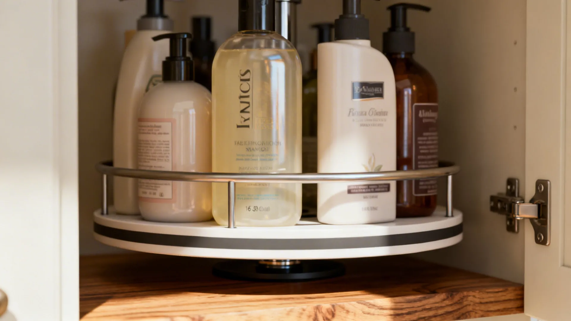 Two-tier rotating tray inside cabinet holding shampoo and conditioner bottles.
