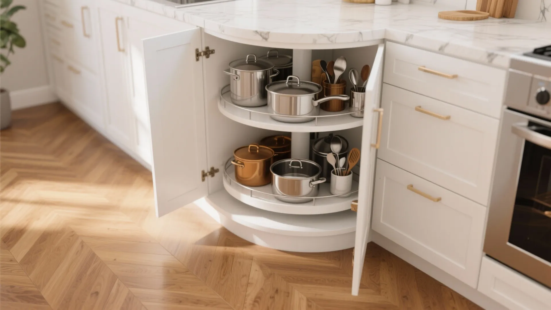 Open white corner kitchen cabinet with rotating shelves storing stainless steel pots and several tools