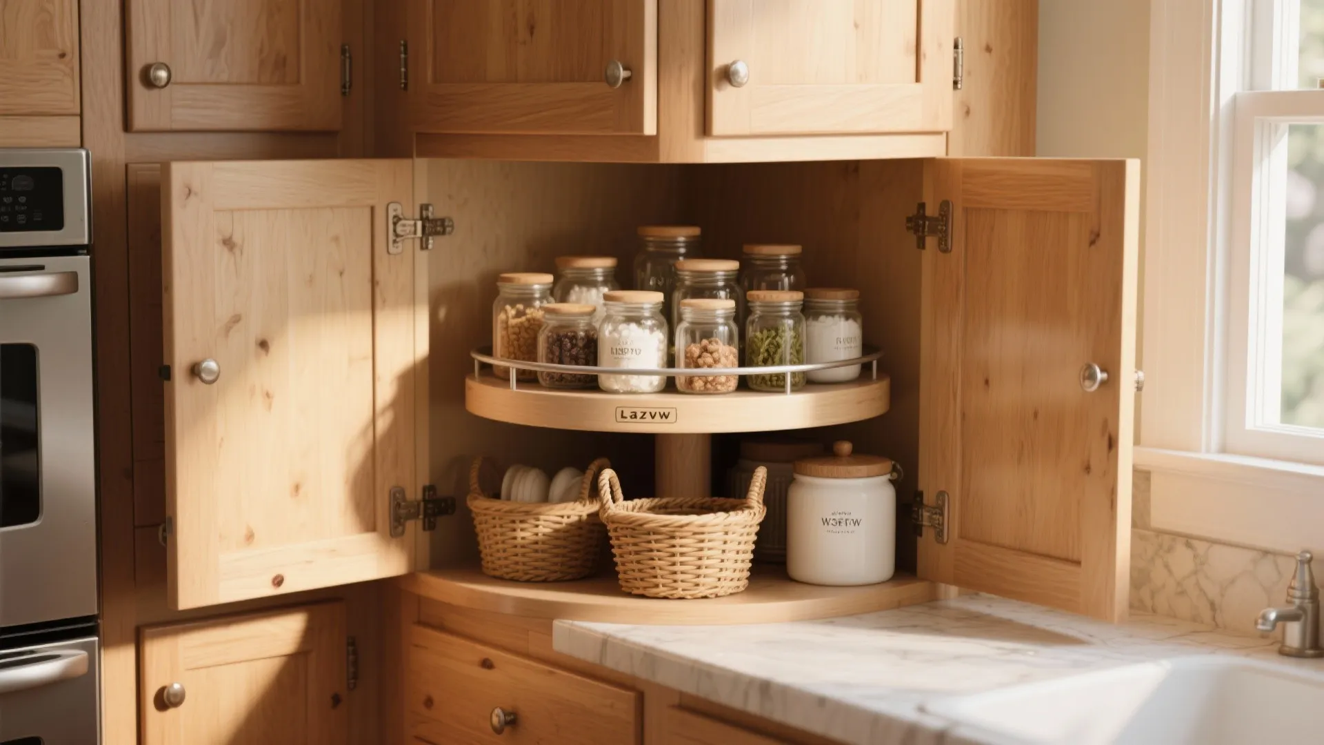 Corner wooden kitchen cabinet featuring rotating shelf holding glass spice jars and small woven storage