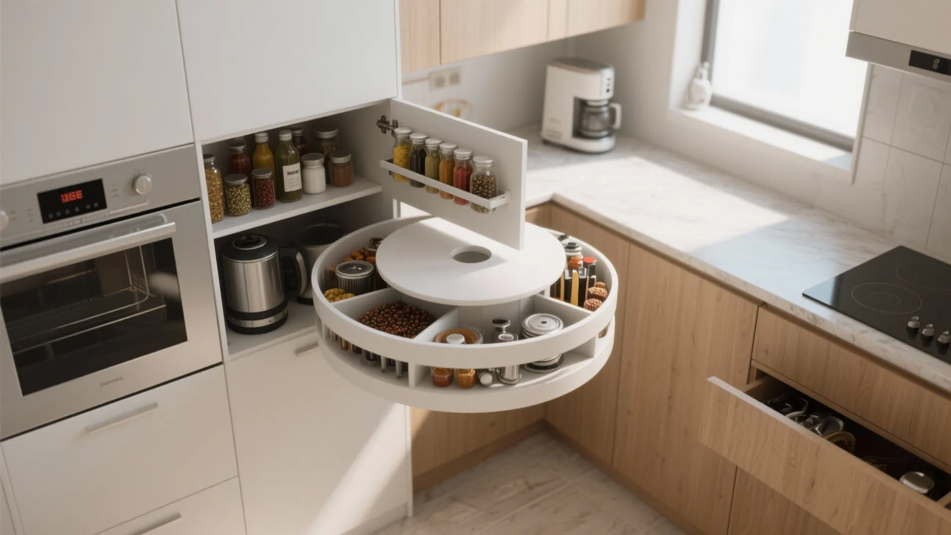 Modern kitchen with lazy susan cabinet storing spices