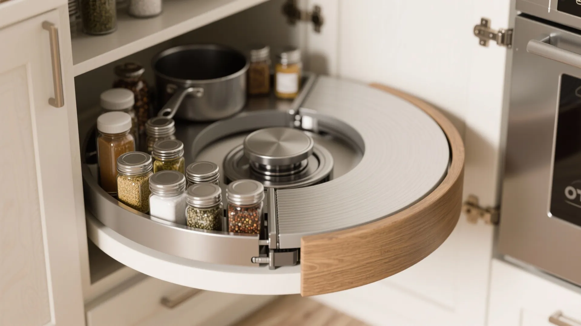 Pull out rotating kitchen cabinet shelf organizer with spice jars and a small metal cooking pot