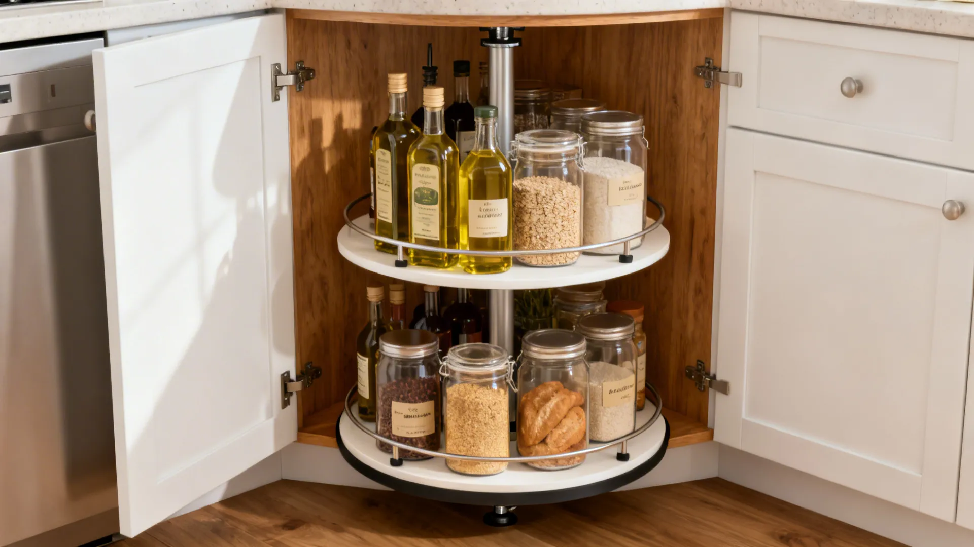 Two-tier Lazy Susan corner cabinet with full-circle trays holding pantry jars in a small kitchen.