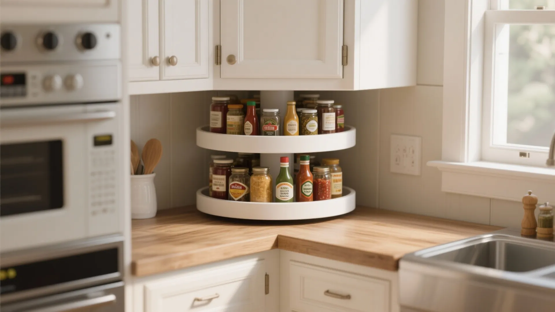 Two-tier rotating spice rack on a wood countertop in a bright white corner kitchen area