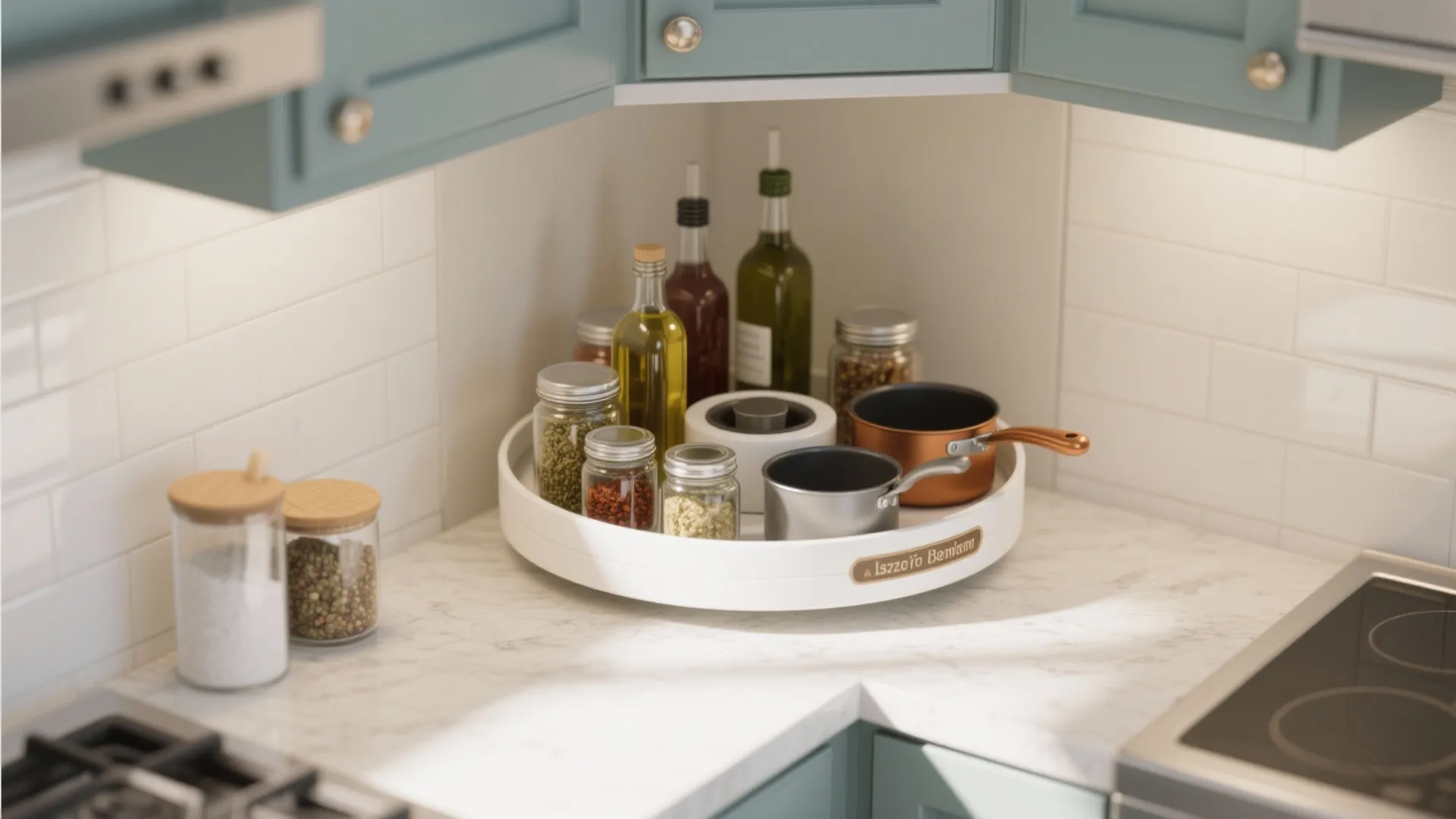 Rotating kitchen tray on marble counter holding spices and small pots under blue wall cabinets
