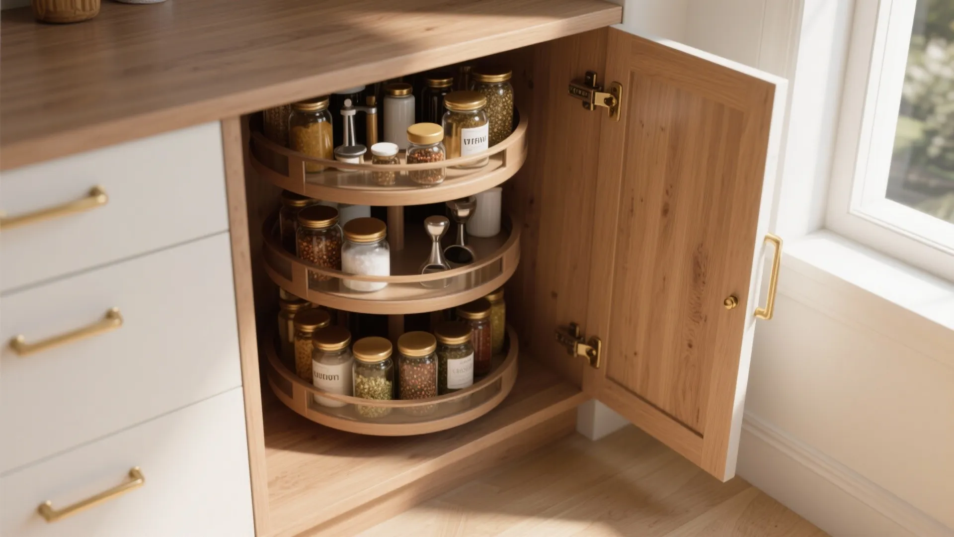 Open base corner cabinet with a soft-close tiered Lazy Susan holding spices and kitchen gadgets.