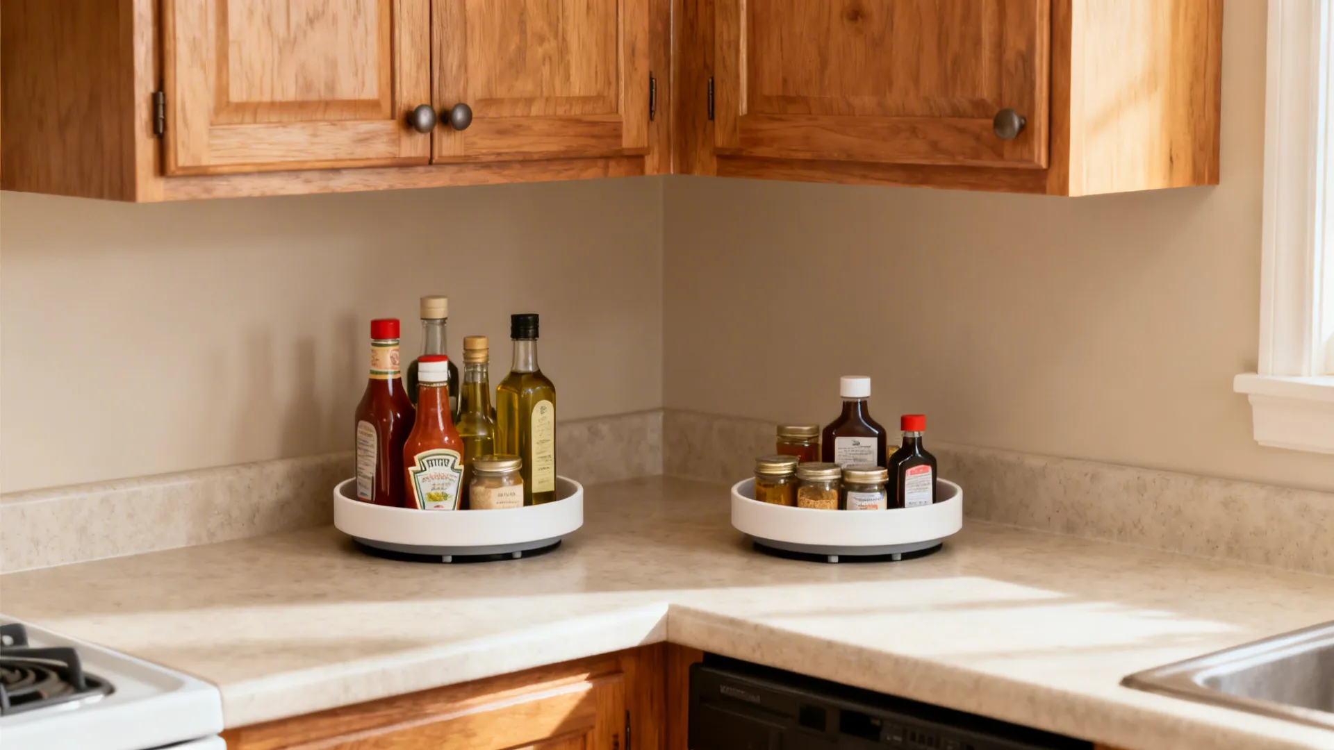 Corner cabinet with two small rimmed lazy Susans holding sauces, oils, and baking extracts for easy reach.