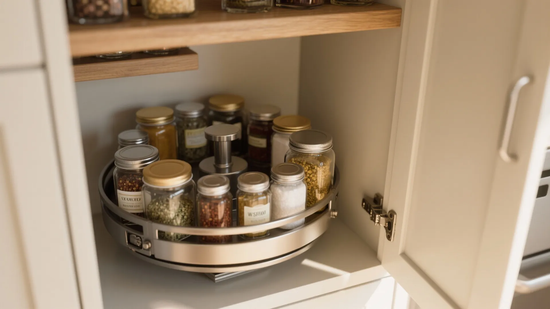 Close-up of rotating Lazy Susan with spice jars inside a corner cabinet