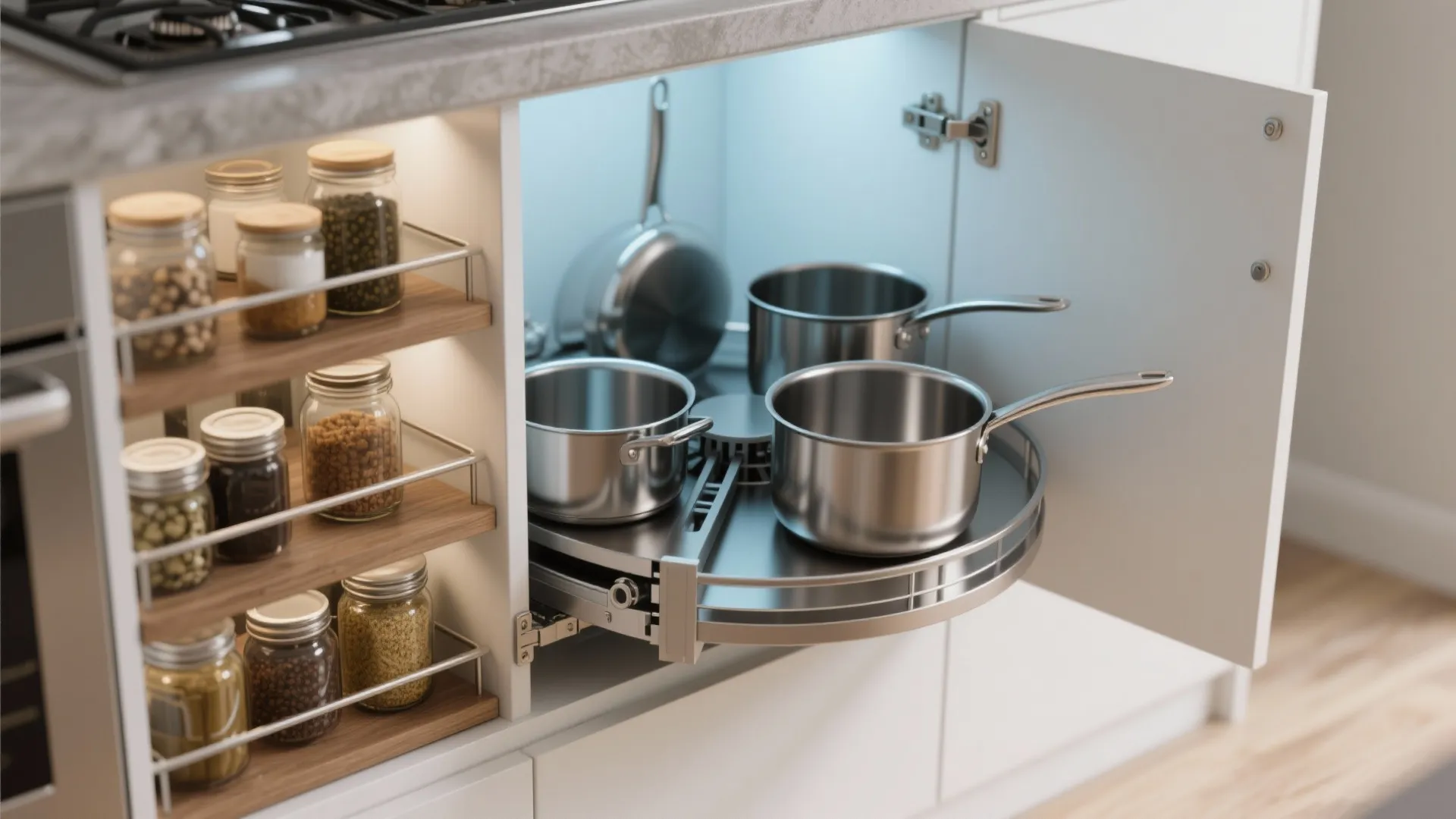 Open corner kitchen cabinet featuring a rotating metal shelf holding stainless steel pots and pans