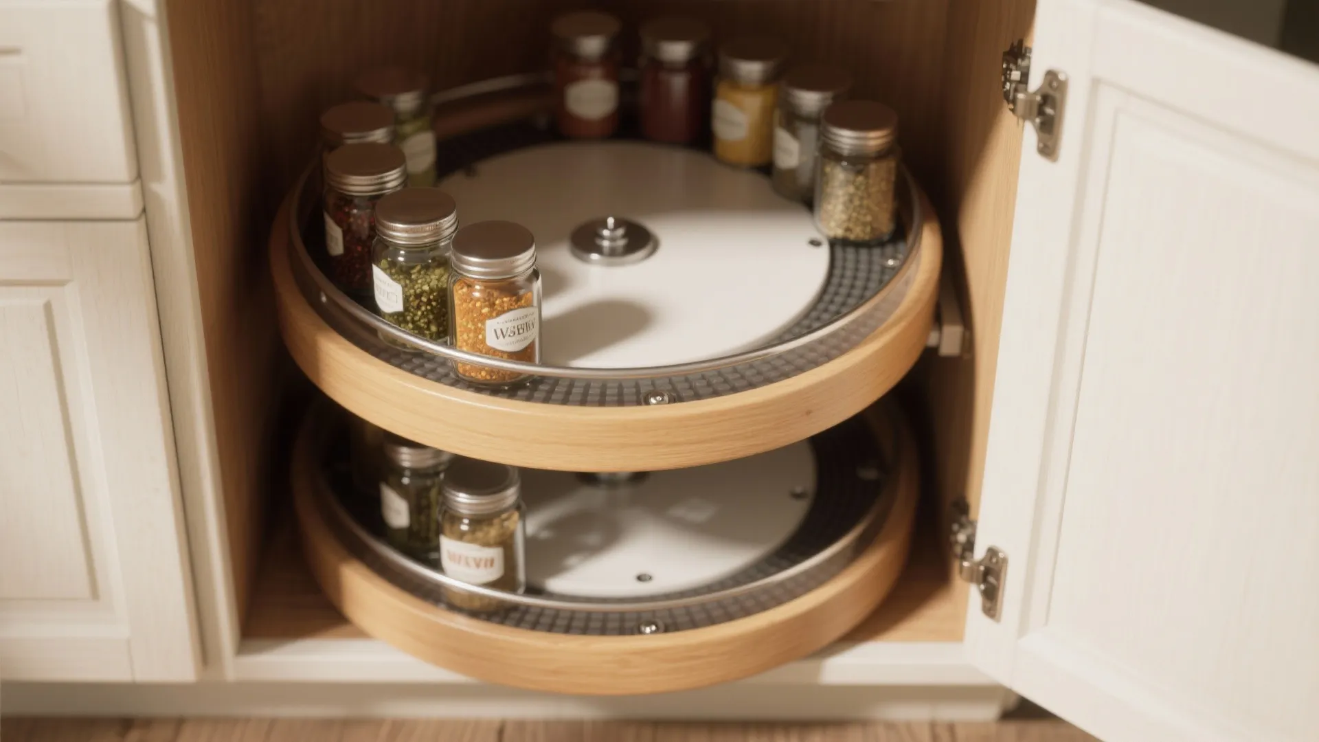 Rotating two level wooden kitchen cabinet shelf organizer holding many small glass spice jars inside