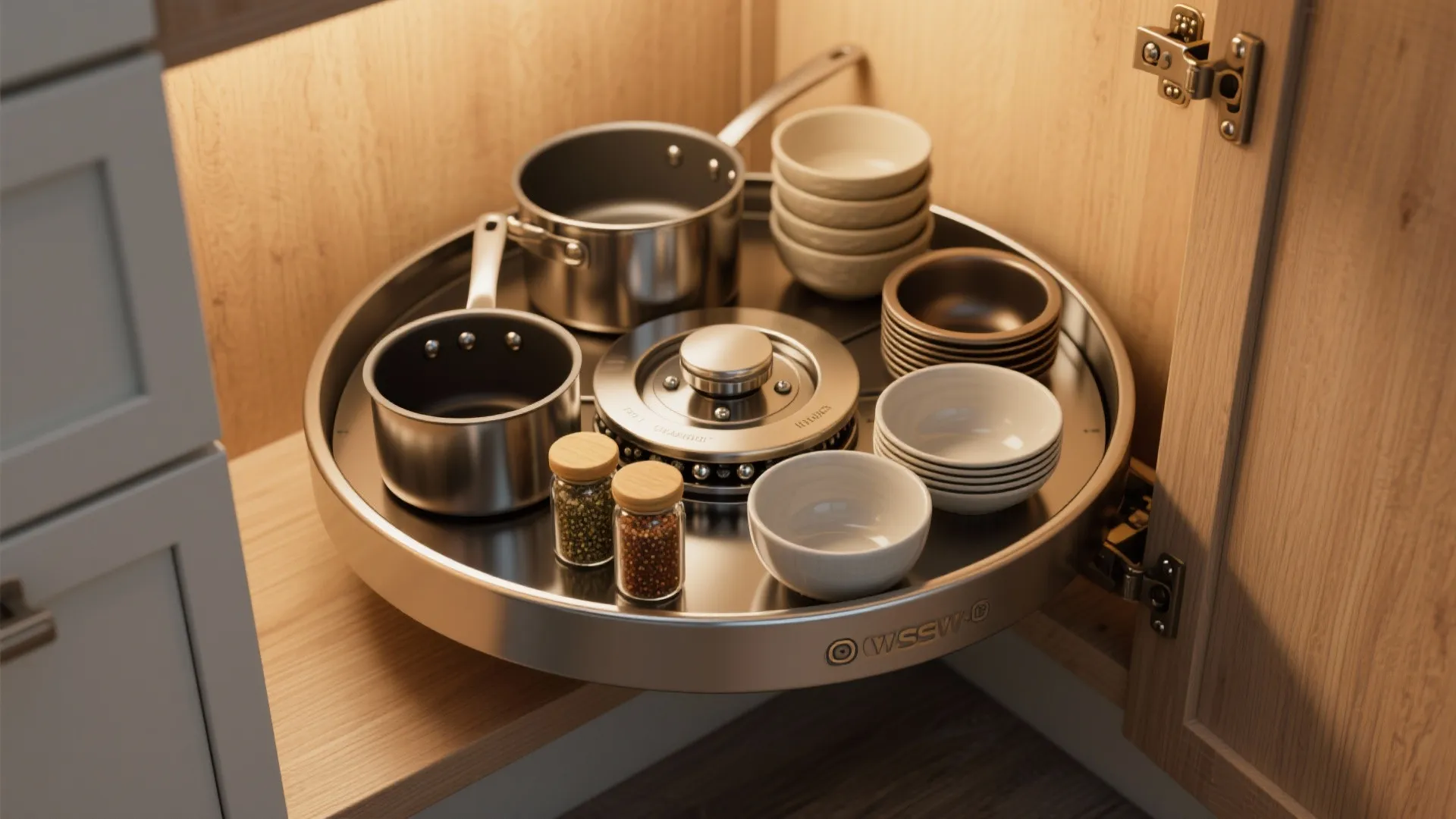Rotating metal kitchen cabinet shelf with pots and bowls inside a wooden corner storage unit