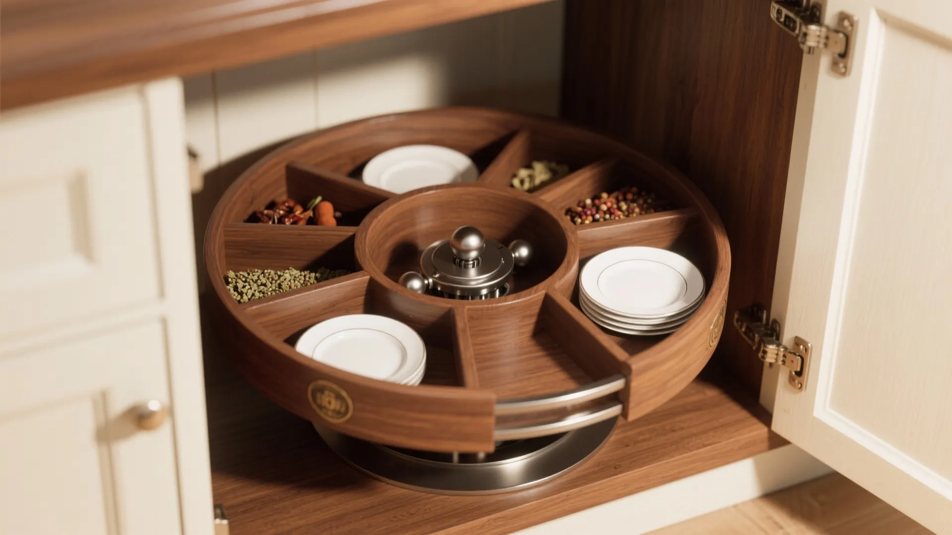 Wooden rotating tray inside kitchen cabinet storing spices and small white plates for easy access