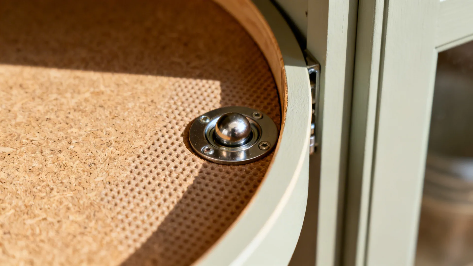 Close-up of a Lazy Susan bearing and tray edge with non-slip liner in soft light.