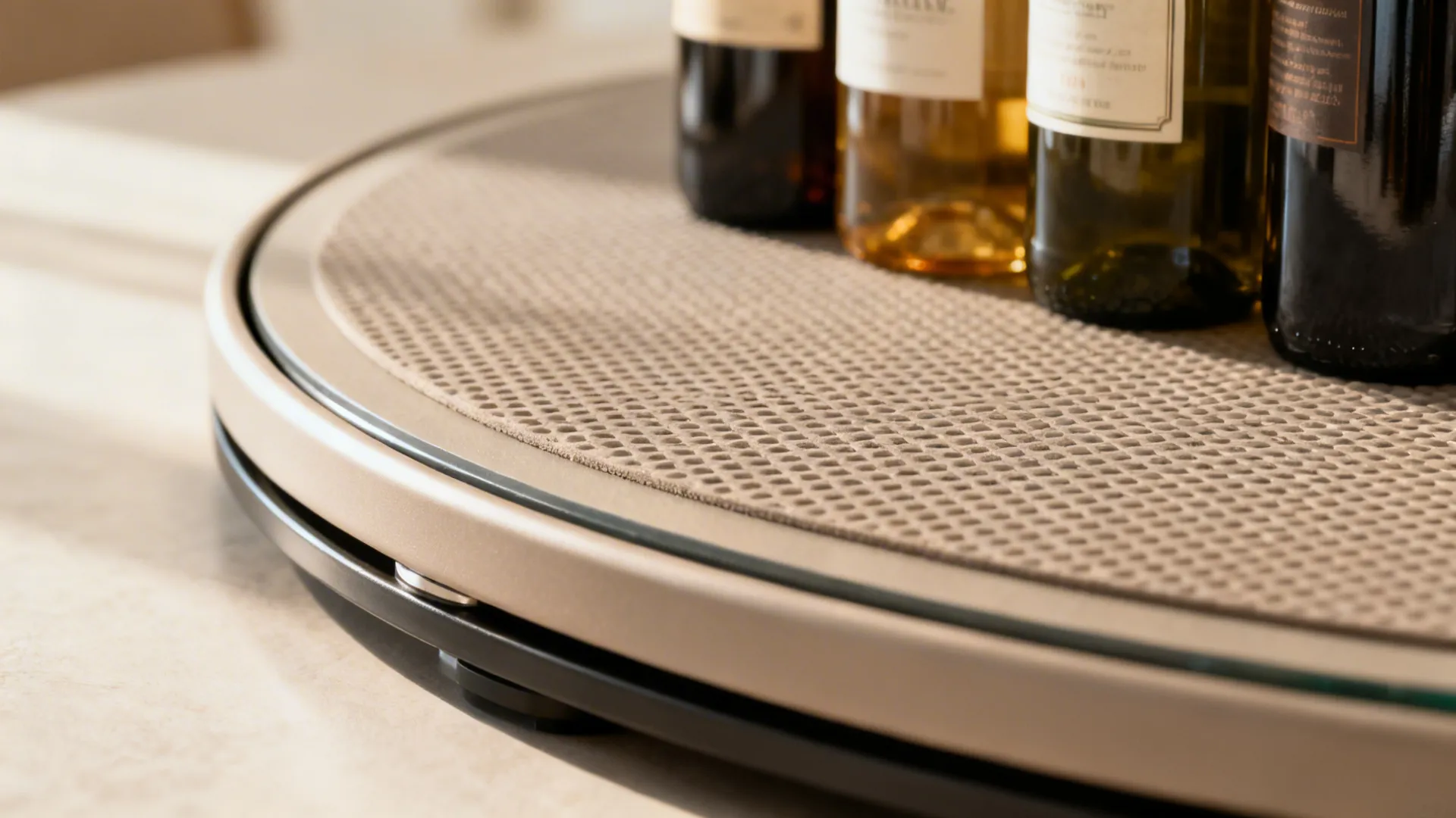 Close-up of a rimmed lazy Susan with a non-slip mat and bottles arranged on top.