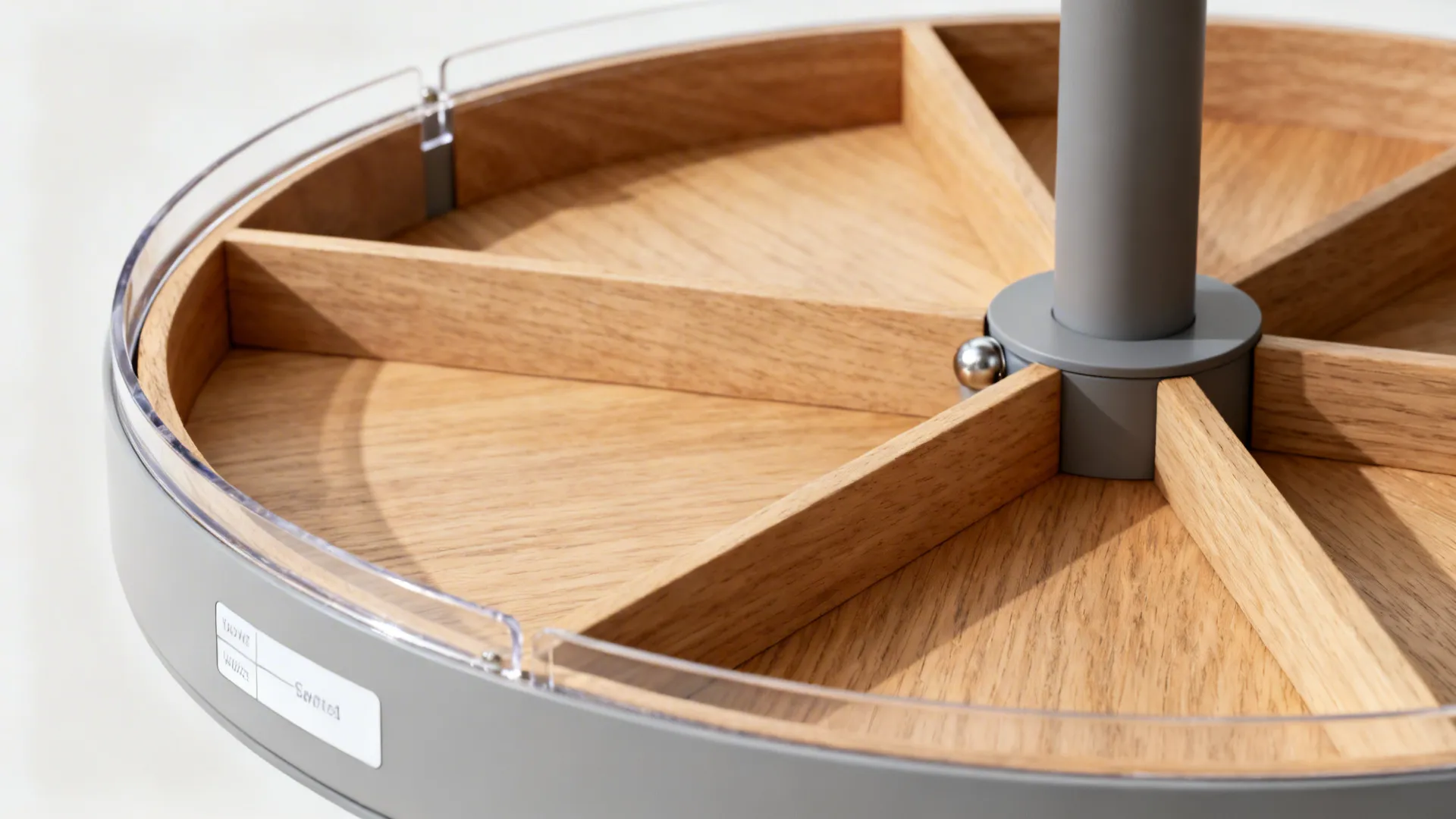 Macro view of lazy Susan rim guard, dividers, and metal pivot in a wood cabinet.