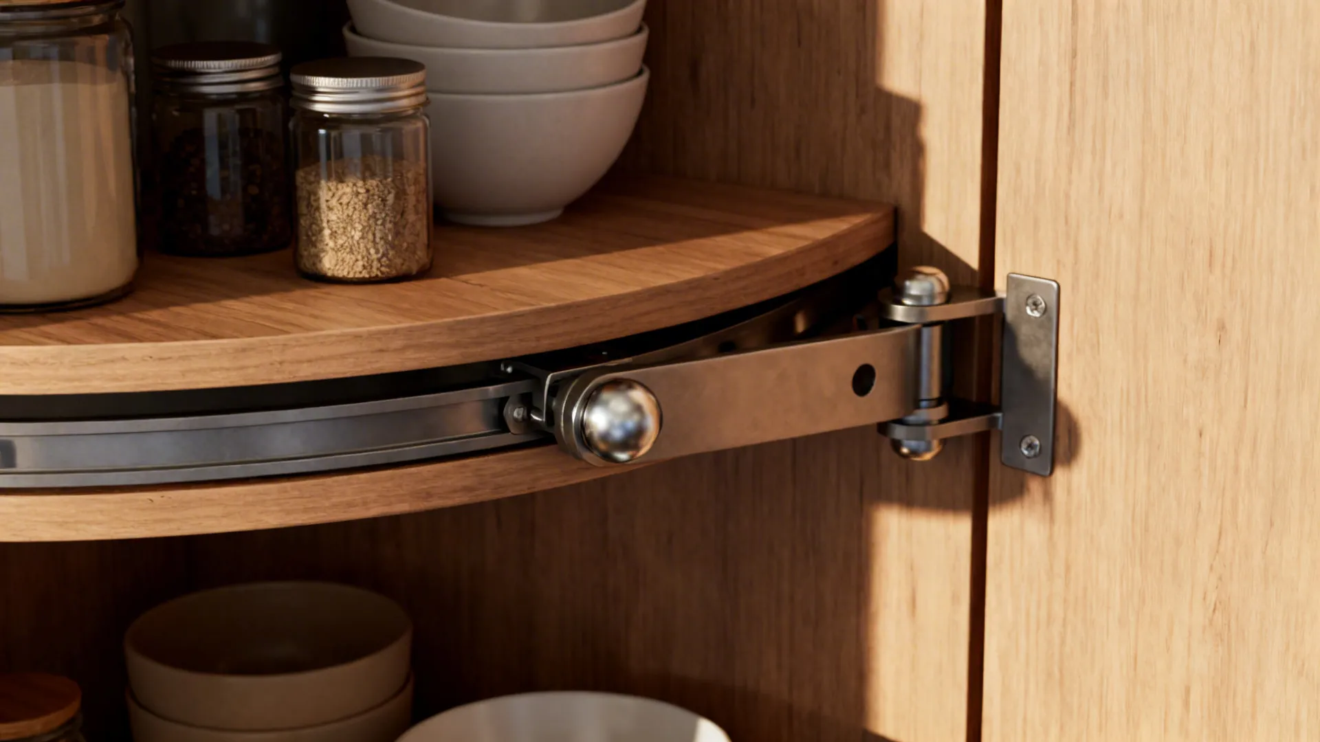 Close-up of modern Lazy Susan ball-bearing hardware and half-moon shelving with jars